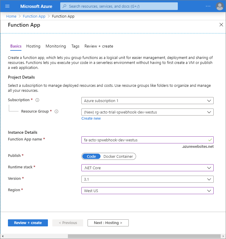 Fill in Azure Function App details