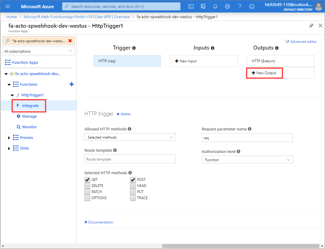 Azure Function Integration Settings