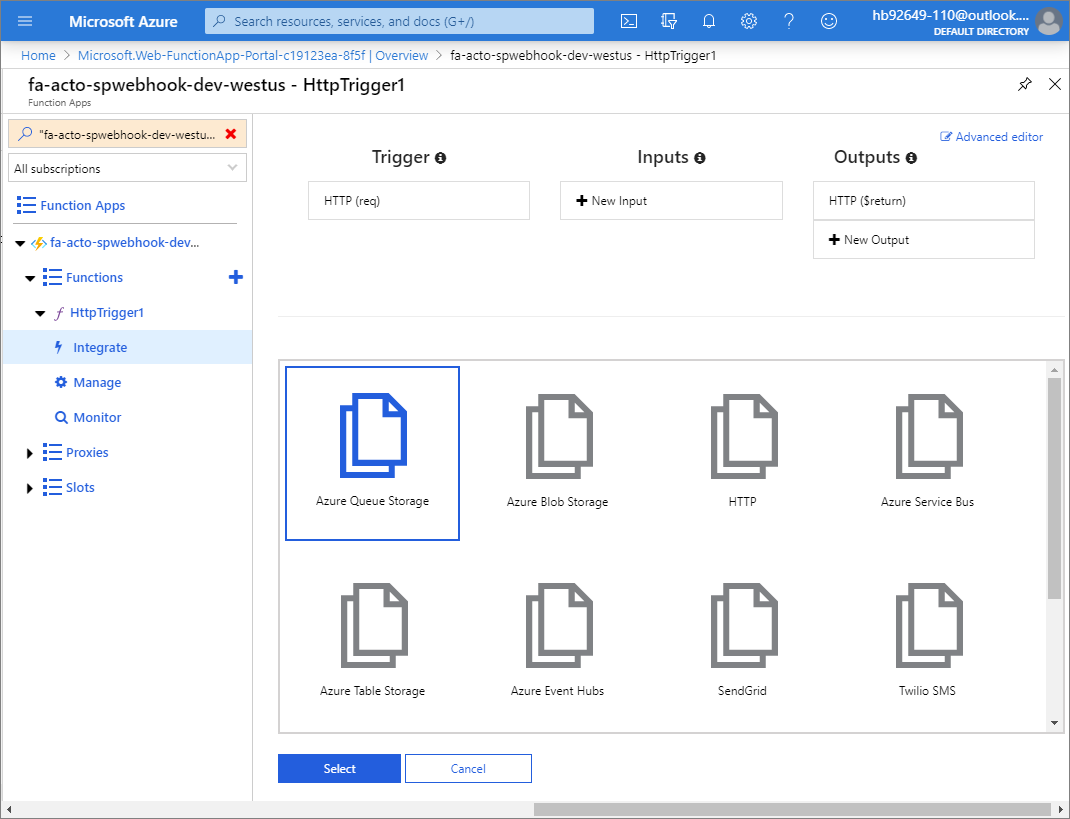 Azure Function Binding Selection