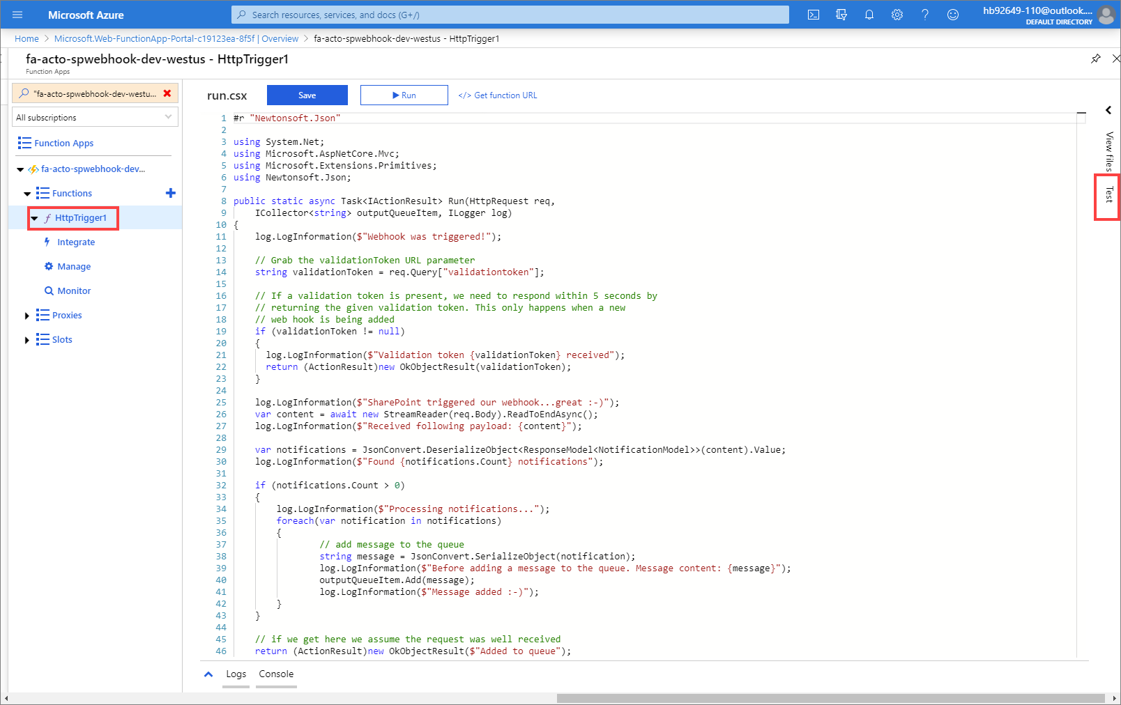 Navigate To Azure Function Test Panel