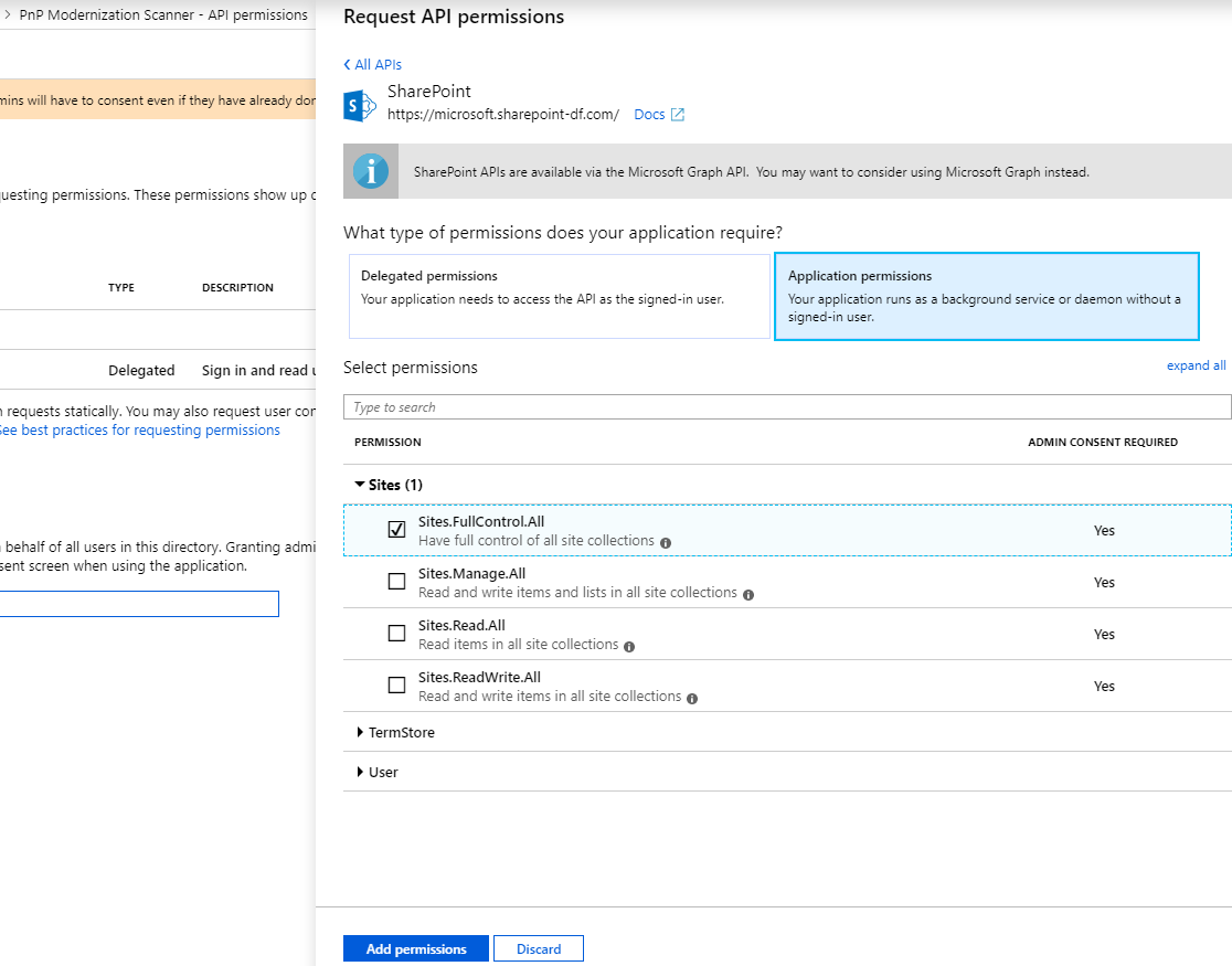 granting permissions to azure ad application