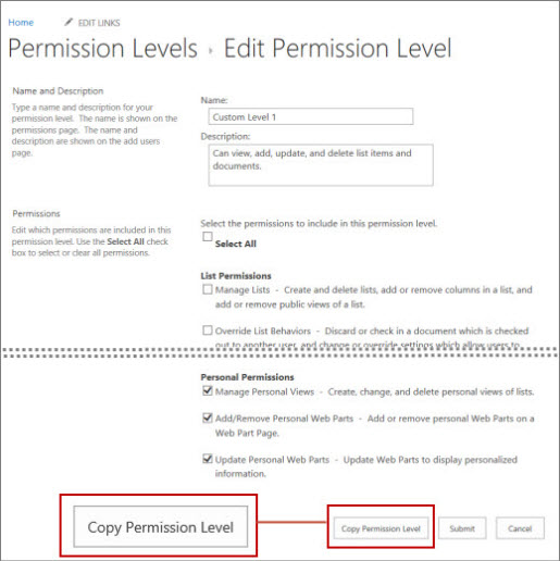 Copy permission level button.