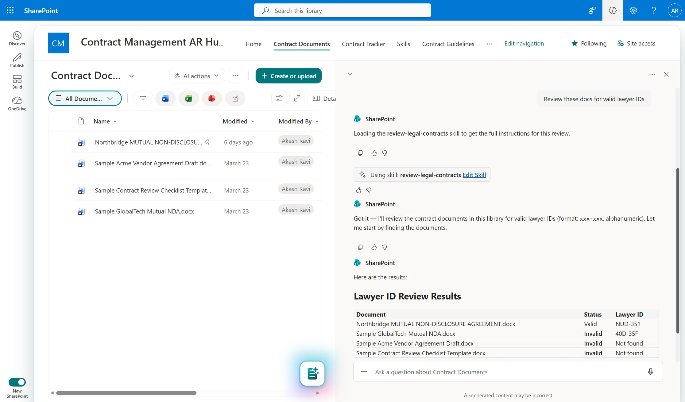 Screenshot of a saved skill being used in the Copilot in SharePoint chat.