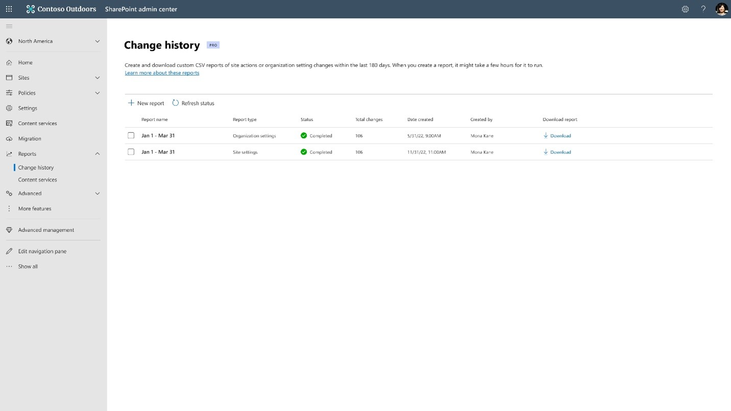 Screenshot of change history report dashboard.