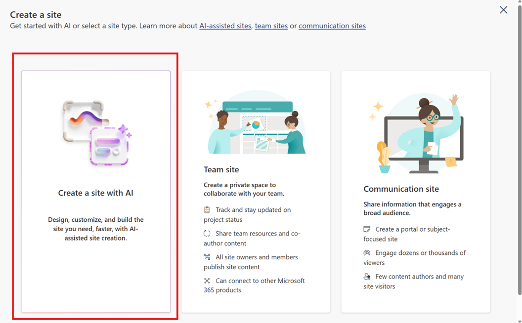 Screenshot showing the Create site with AI modal dialog.