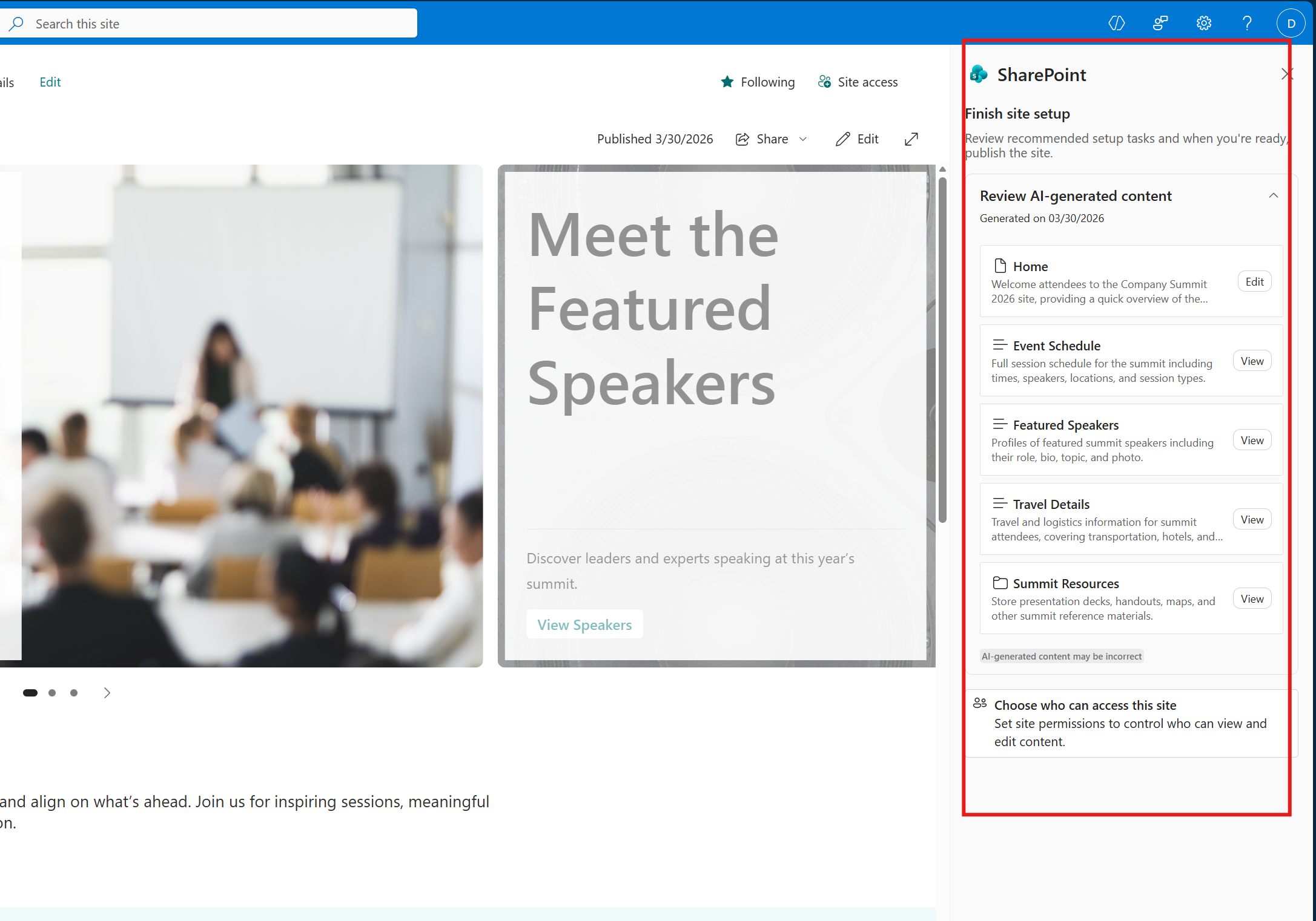 Screenshot finish site setup pane.