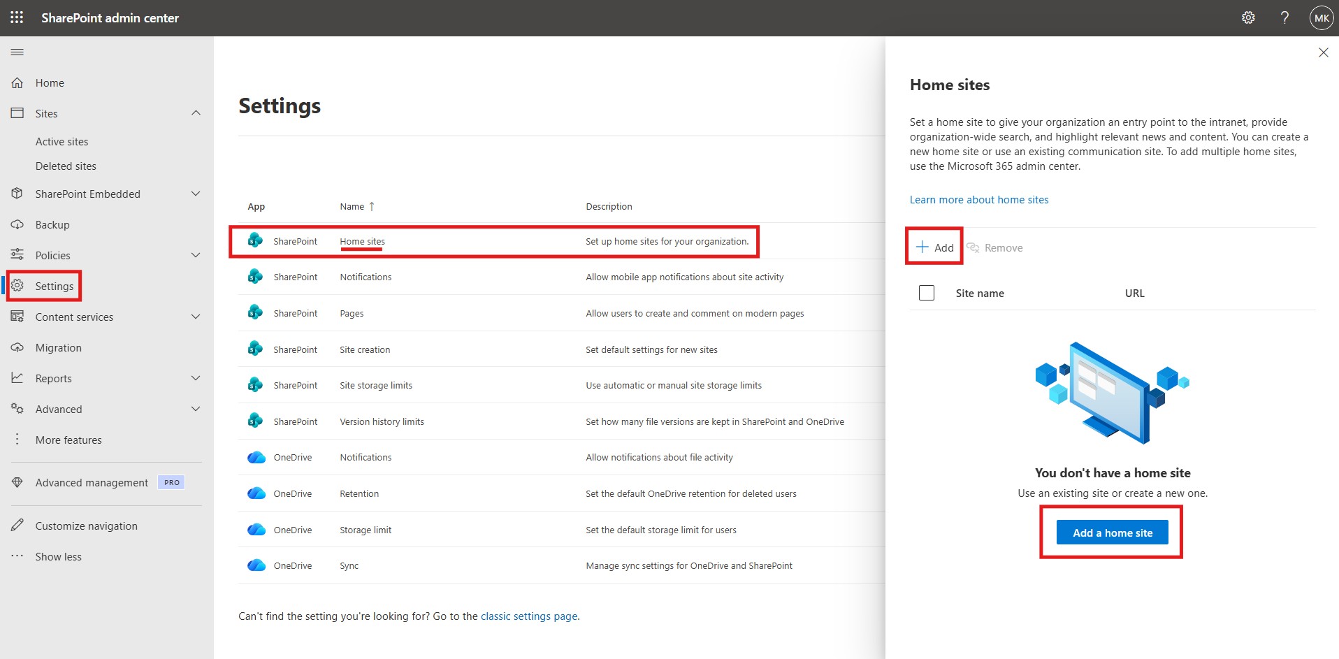 Screenshot that shows Home sites settings within the SharePoint admin center.