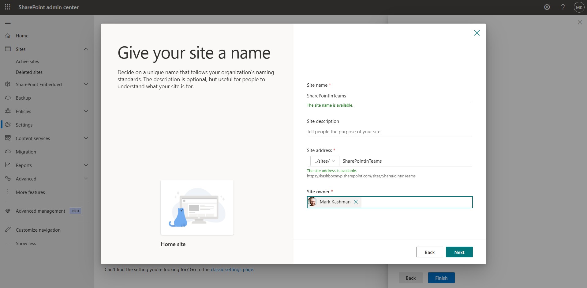 Screenshot that shows the site name dialog when creating a new SharePoint home site from within the SharePoint admin center.