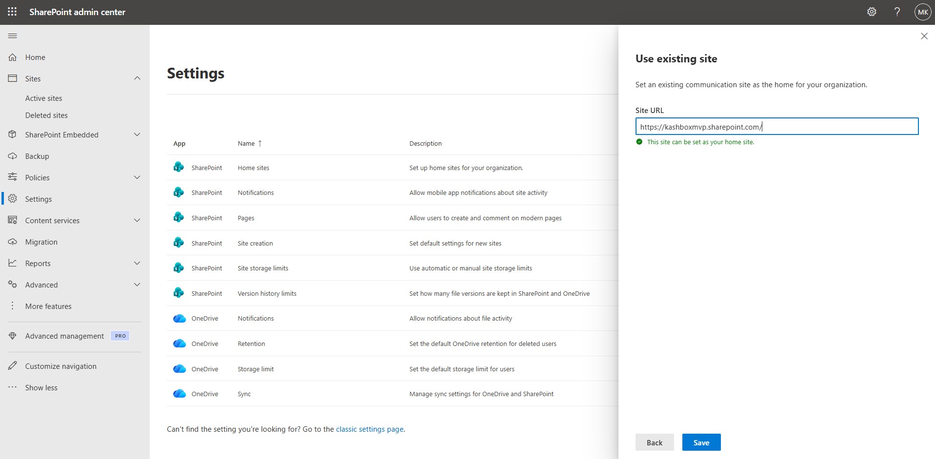 Screenshot that shows the edit pane when entering in the URL of an existing SharePoint communication site to convert it to a home site.