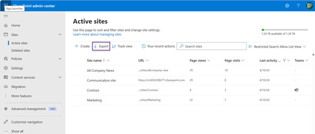 Screenshot of exporting active sites results