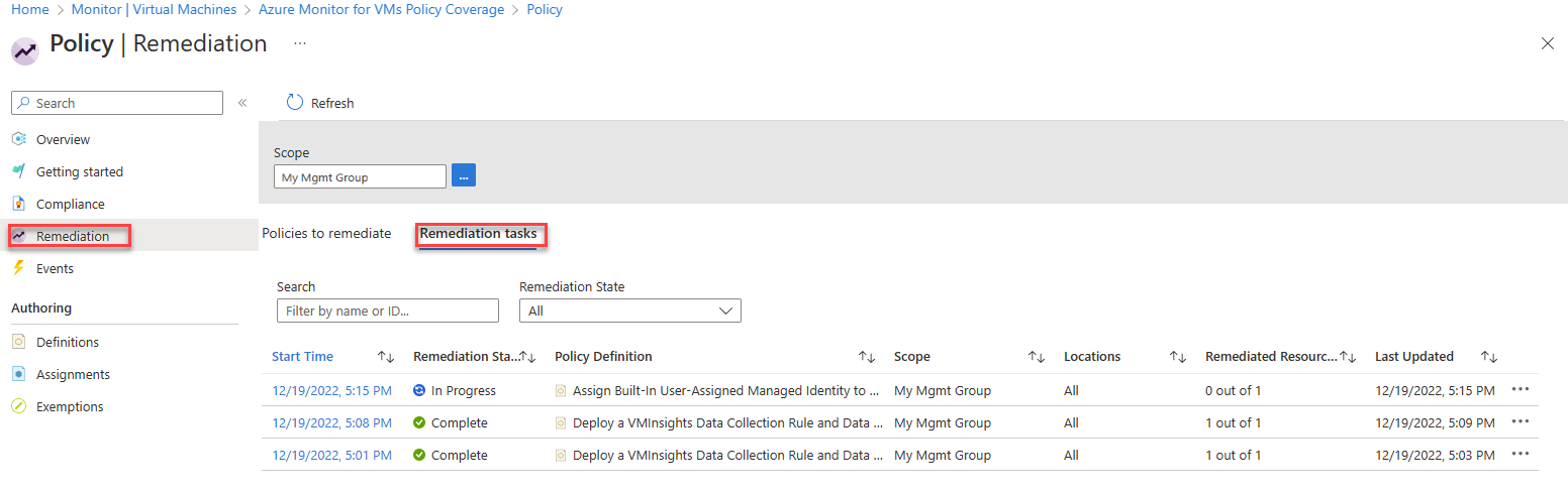 Screenshot that shows the Policy Remediation page for Monitor | Virtual Machines.
