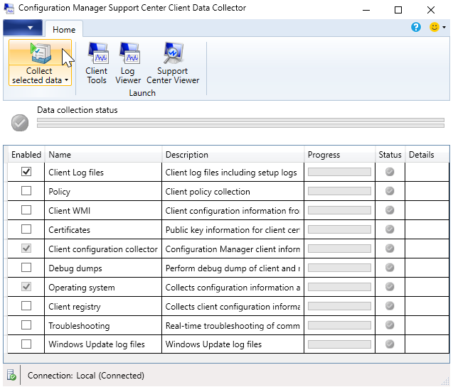 Collect selected data option in Support Center Client Data Collector