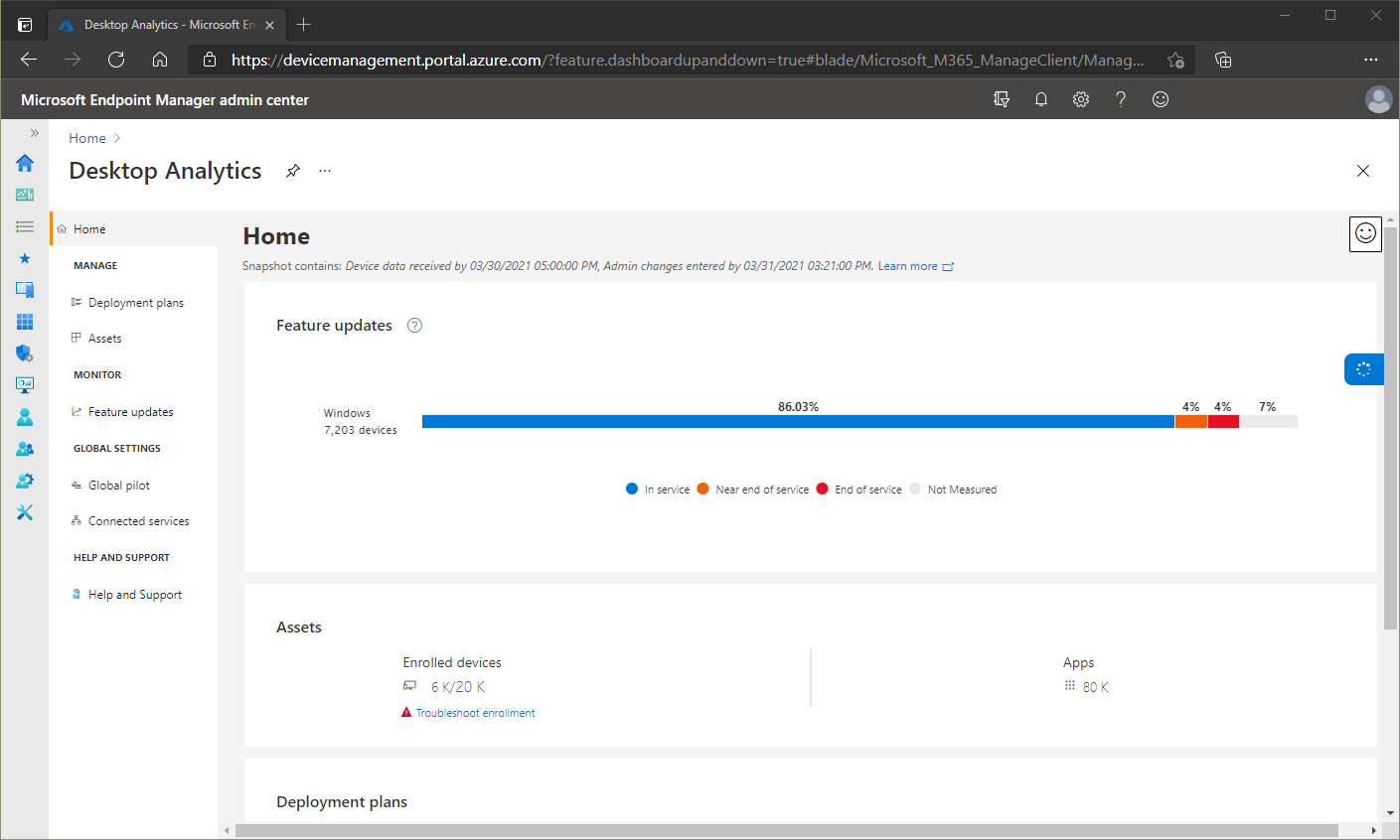 Screenshot of the Desktop Analytics home page in the Microsoft Intune admin center.