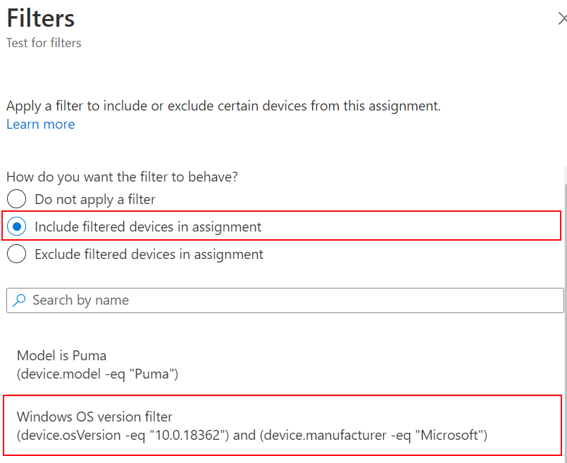 Screenshot that shows how to include the filter when assigning a policy in Microsoft Intune.