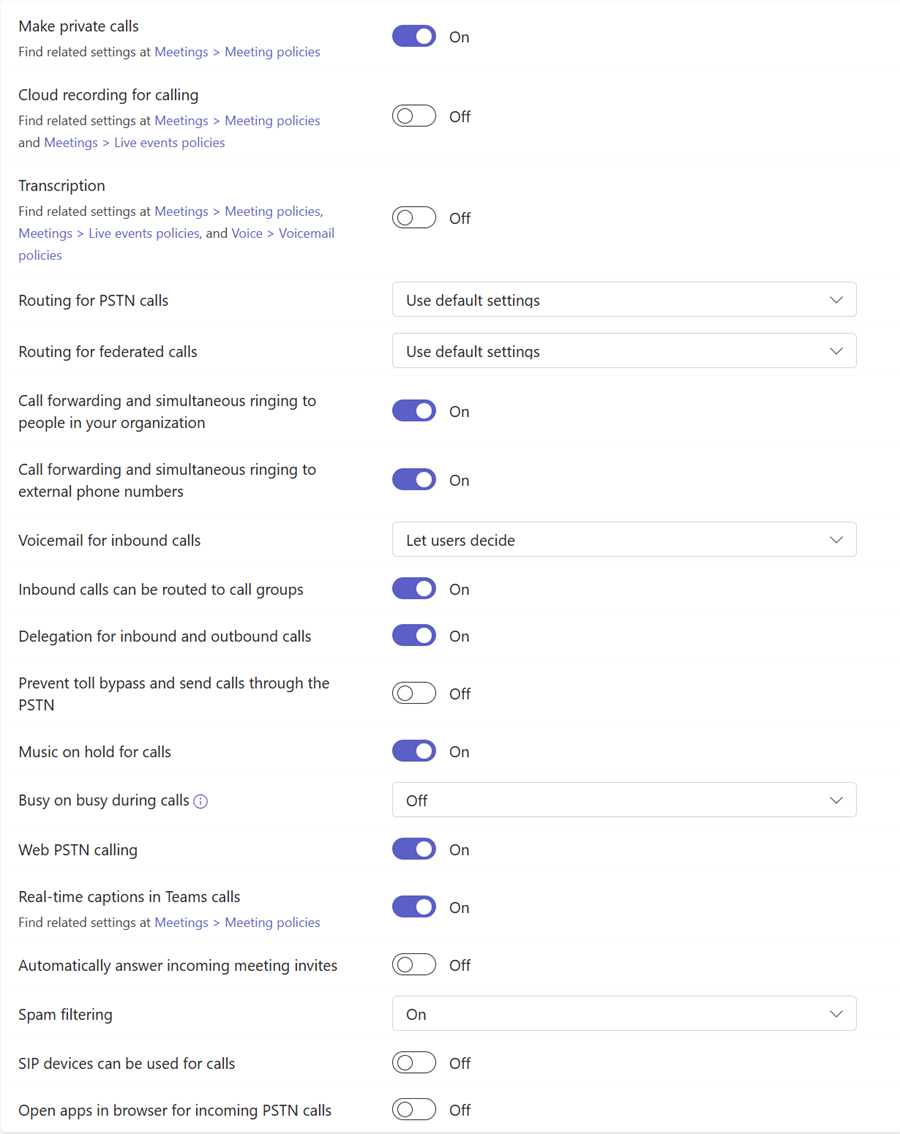 Screenshot of Teams calling policies.