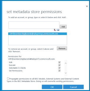 A graphic of the Set Metadata Store Permissions dialog in SPO's BCS.