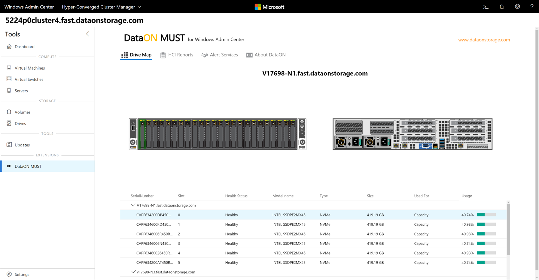 Screenshot of the Windows Admin Center showing the disk mapping in the DataON MUST extension.