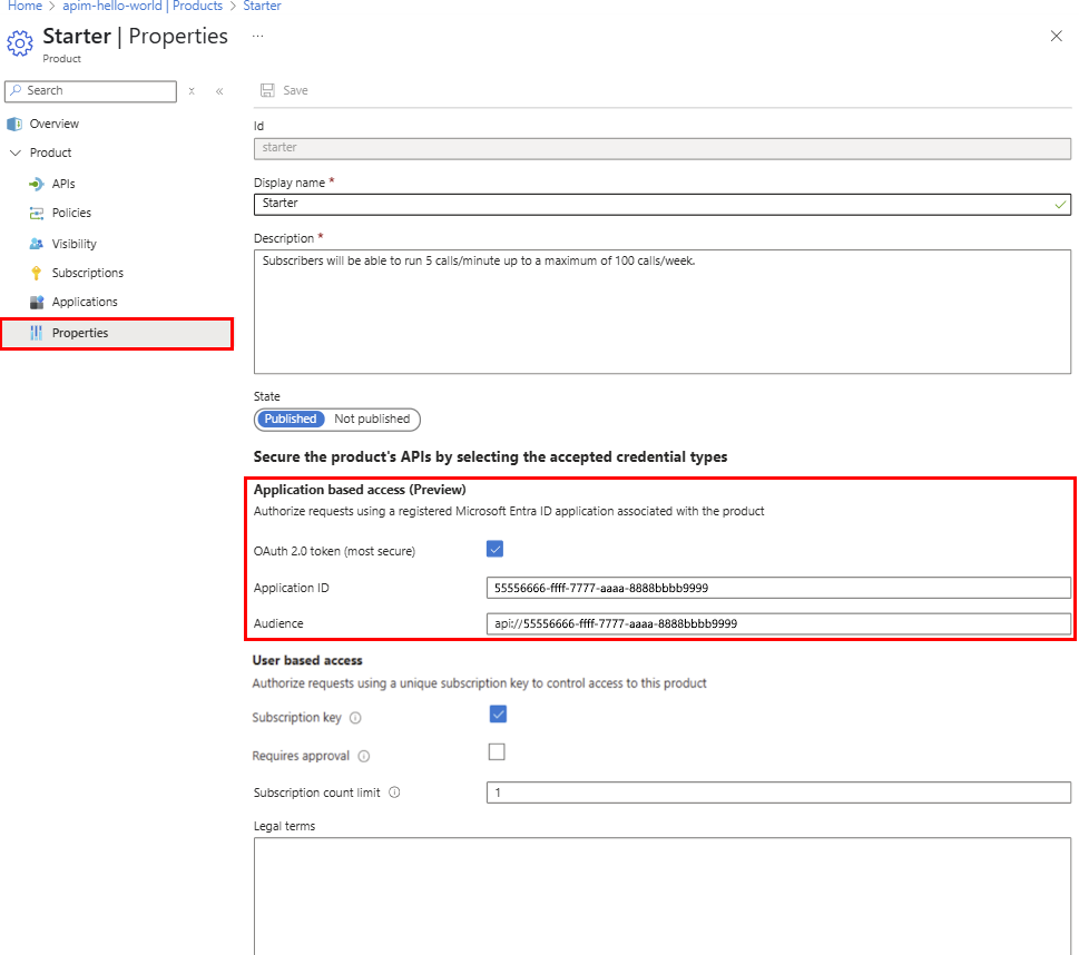 Screenshot of product's application settings in the portal.