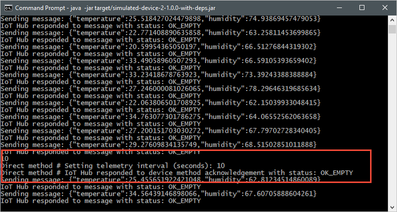 Screenshot of a terminal window that shows the direct message result and updated output from the simulated device application.