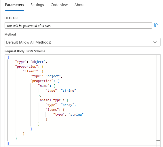 Screenshot shows the JSON schema generated from the sample JSON payload.