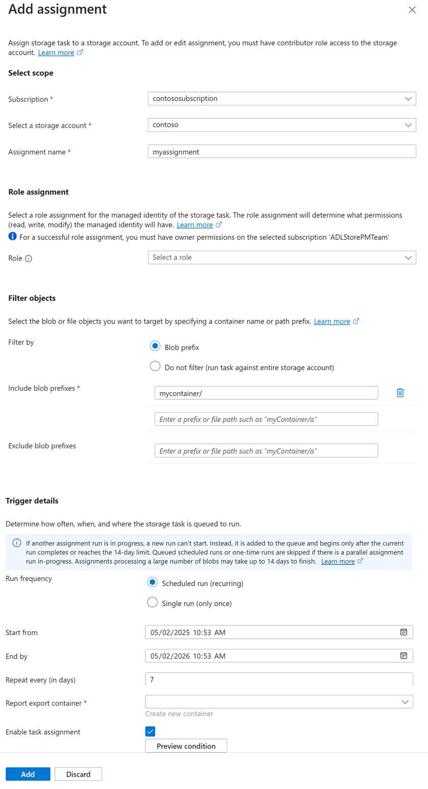 Screenshot of assignment tab of the storage task create experience.