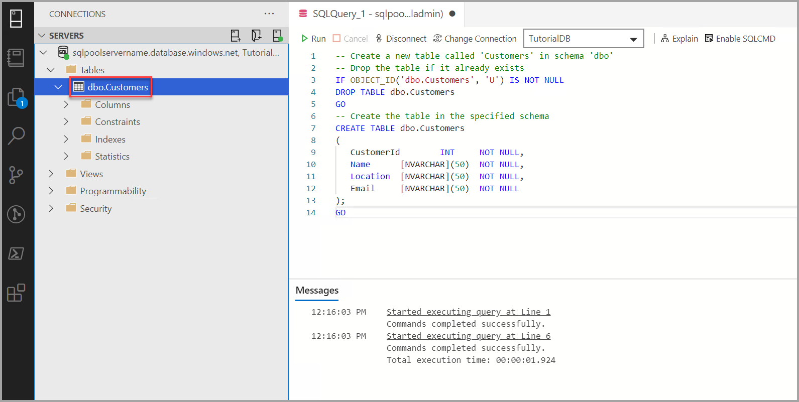 Create a table in the TutorialDB database