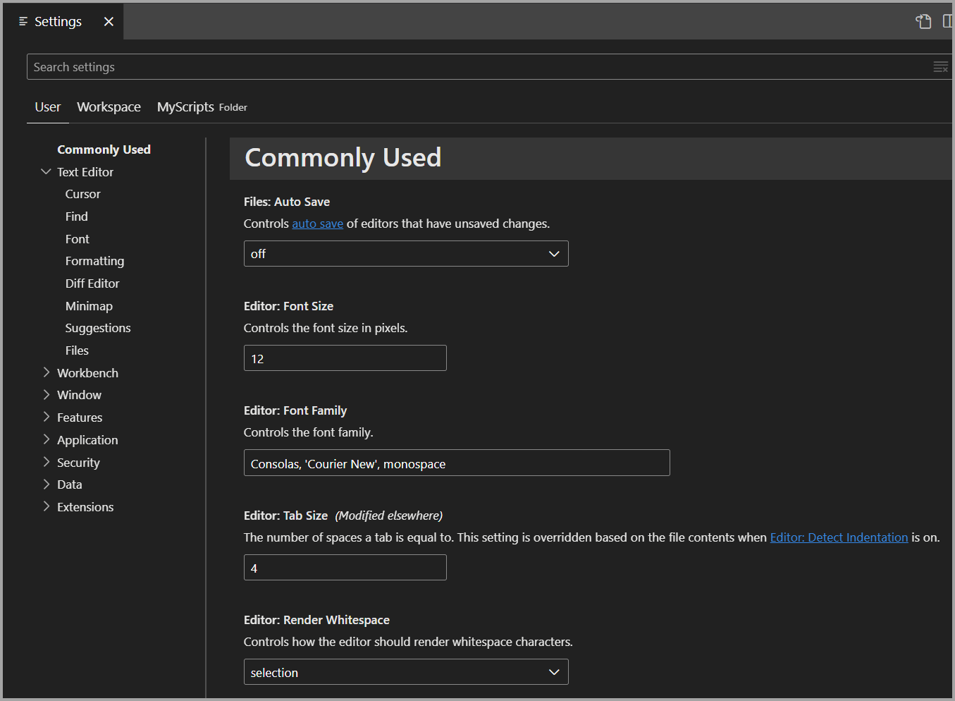 Screenshot of Settings editor in Azure Data Studio.