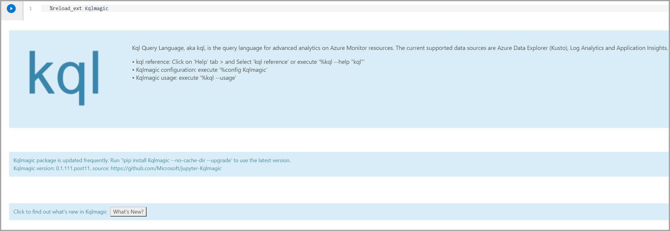 Screenshot of the load the Kqlmagic extension.