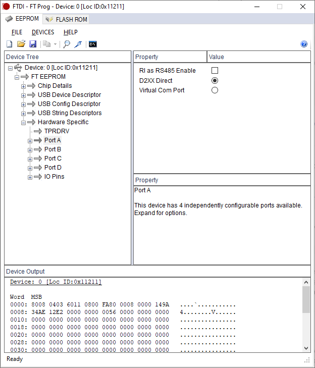 Select port A and D2XX direct