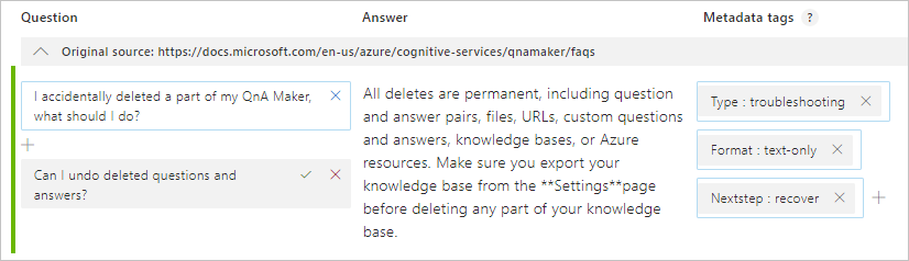 Example question and answer with metadata