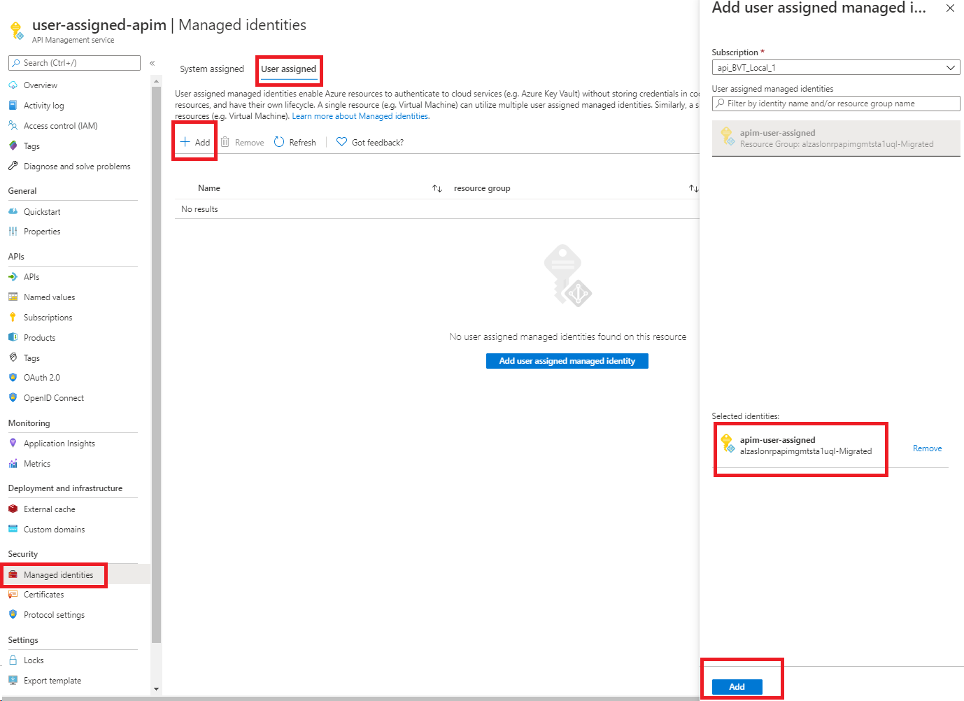 Selections for enabling a user-assigned managed identity