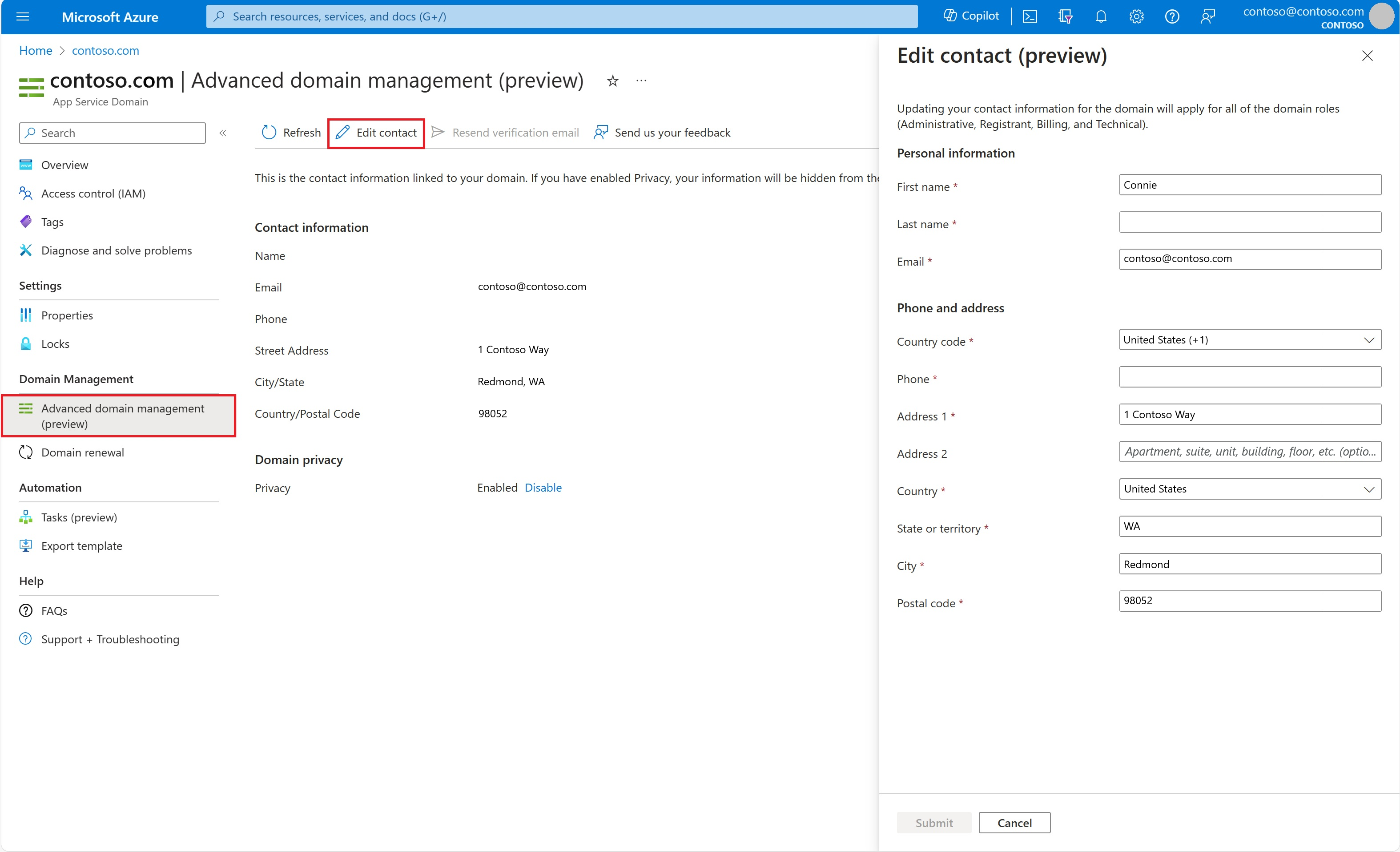 Screenshot showing where to update contact information for a purchased domain.