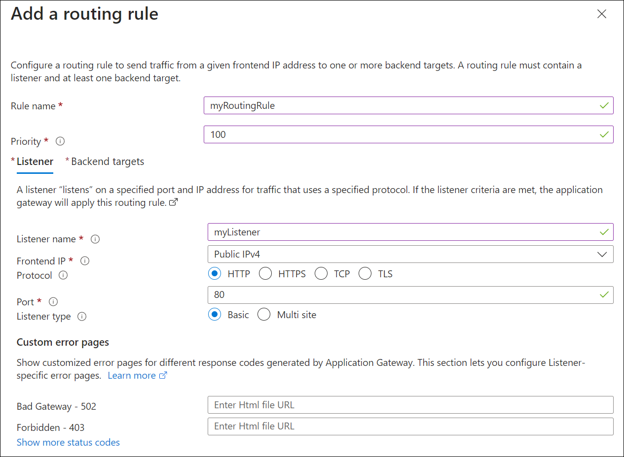 Screenshot of create new application gateway: listener.