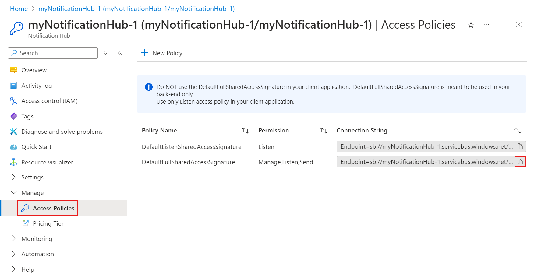 Copy the notification hub connection string