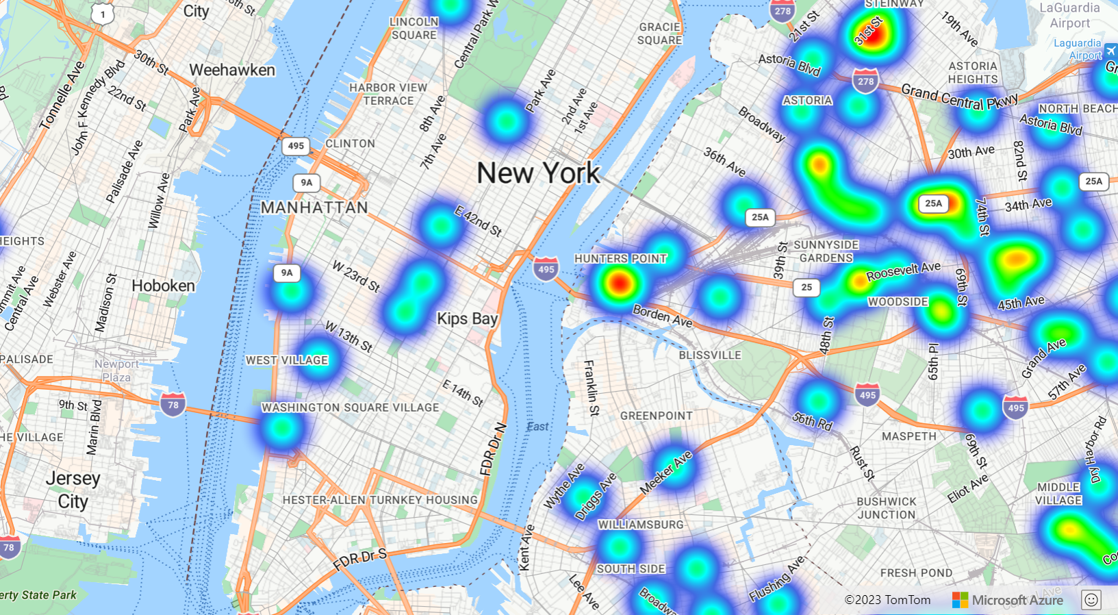 Screenshot showing a map displaying a heat map that uses a zoom expression that scales the radius for each zoom level.