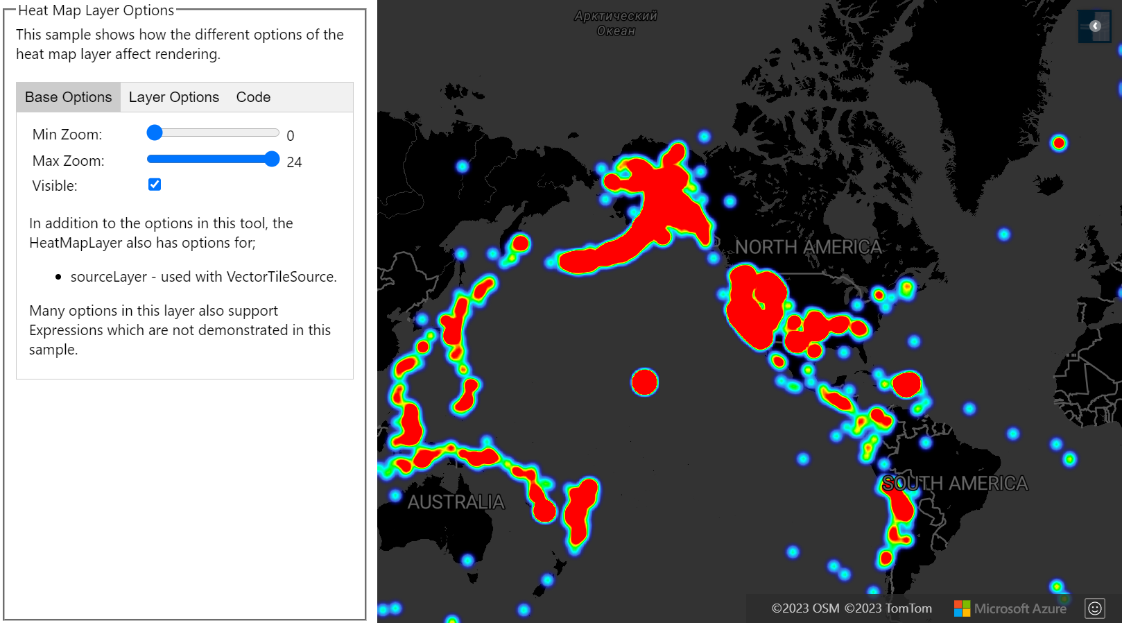 Screenshot showing a map displaying a heat map, and a panel with editable settings that show how the different options of the heat map layer affect rendering.