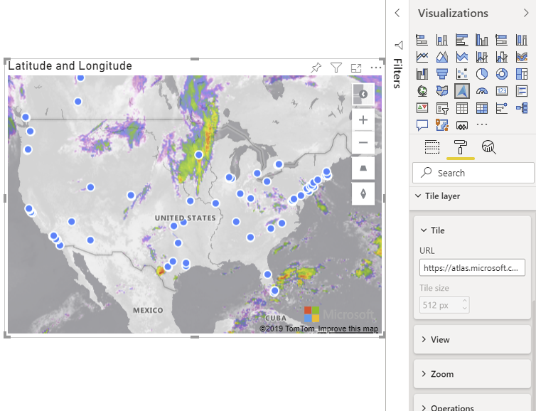 A map displaying a bubble layer above a tile layer showing current infrared weather data from Azure Maps.