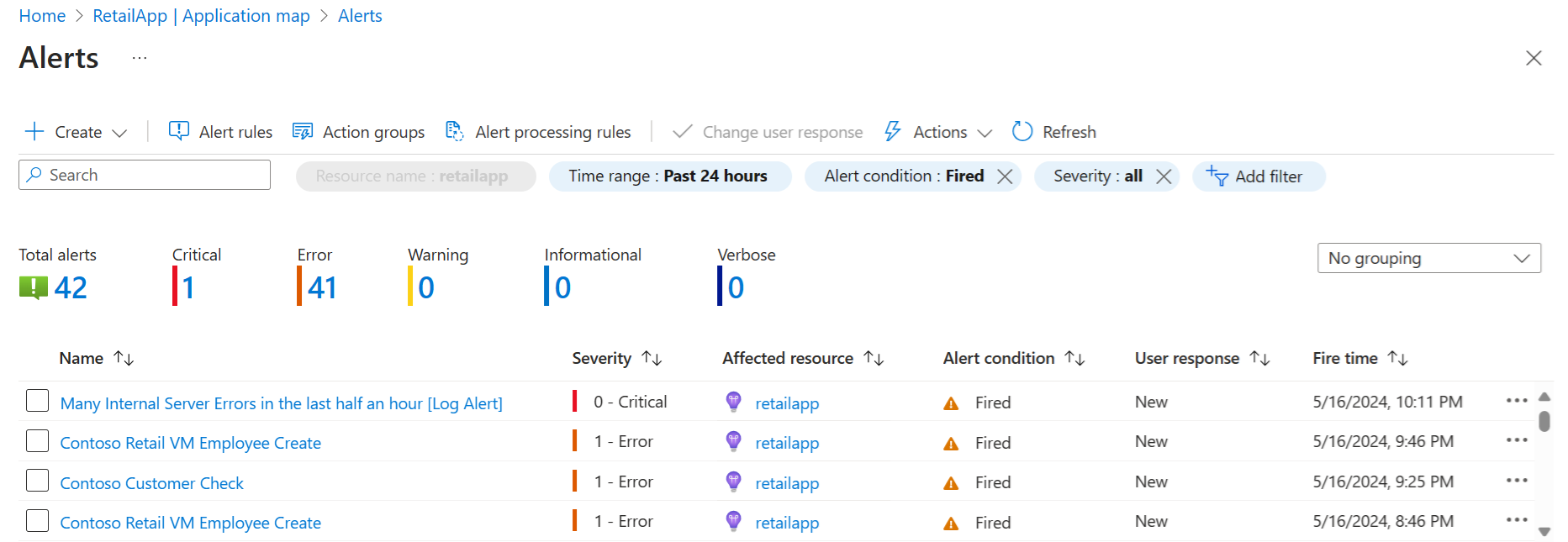 Screenshot that shows the list of alerts for the selected component.