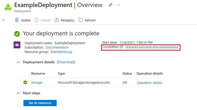 Screenshot of resource group deployment history that highlights correlation ID.