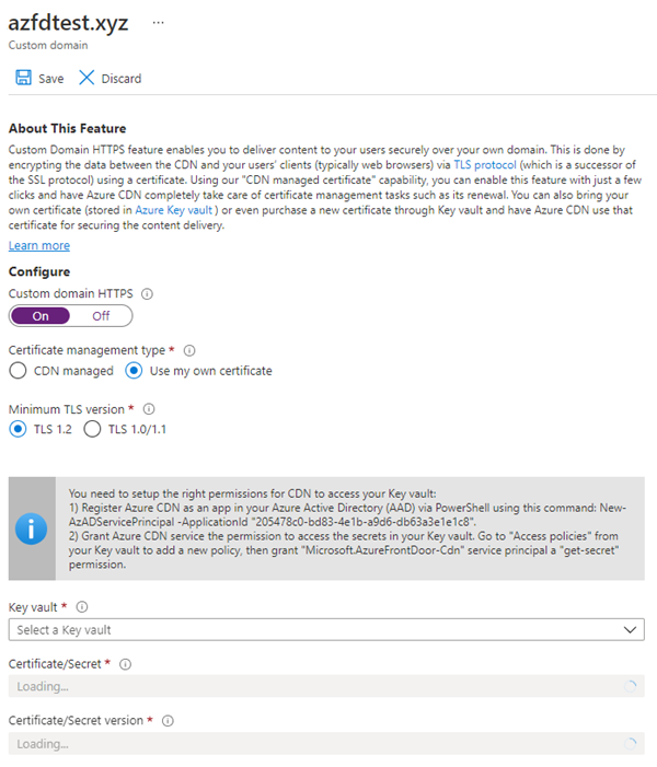 Screenshot of how to configure certificate for cdn endpoint.