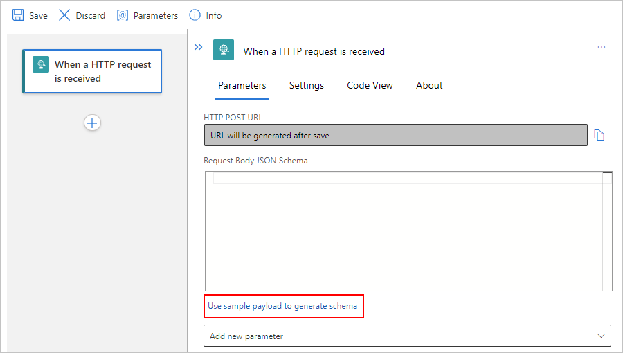 Screenshot showing Standard workflow, Request trigger, and "Use sample payload to generate schema" selected.