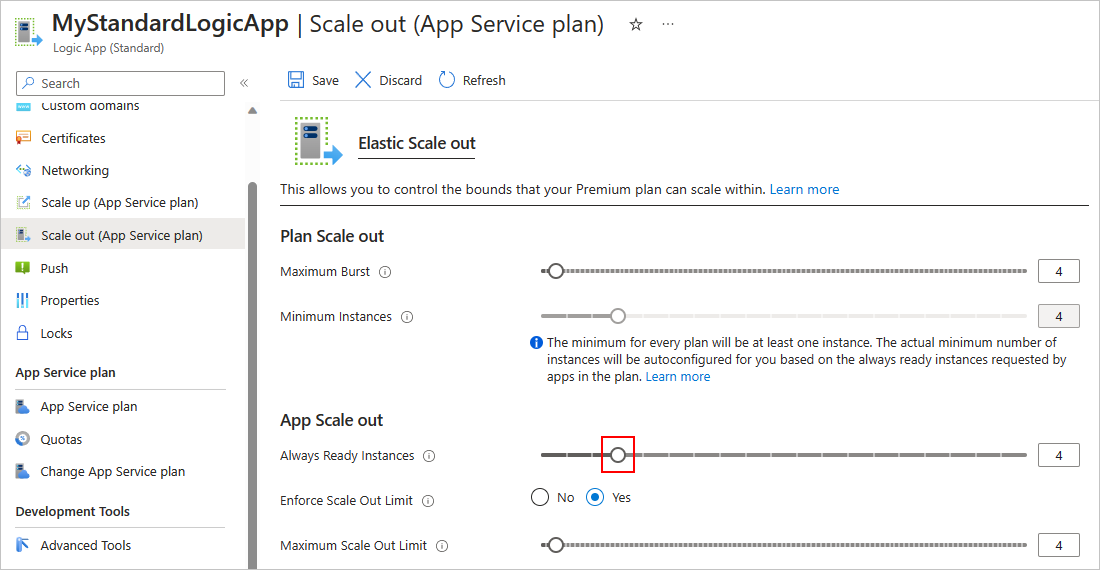 Screenshot shows Azure portal, Standard logic app resource, Scale out page, and Always Ready Instances number set to match Maximum Scale Out Limit and Maximum Burst.