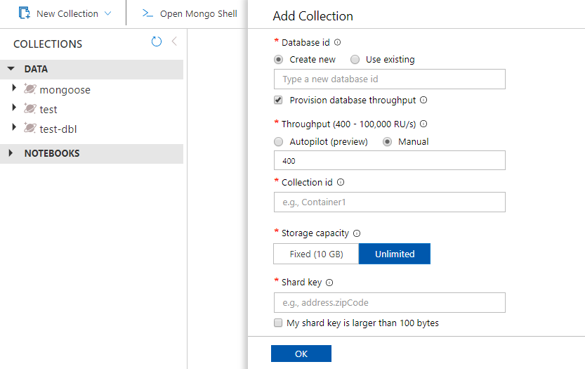 The Azure portal Data Explorer, Add Container pane