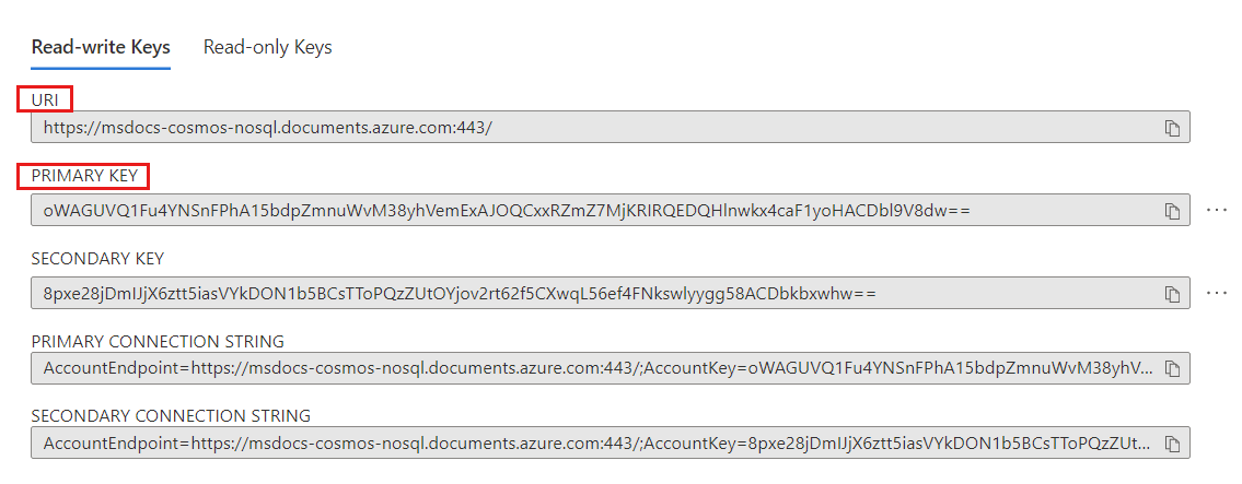 Screenshot of the Keys page with the URI and Primary Key fields highlighted.