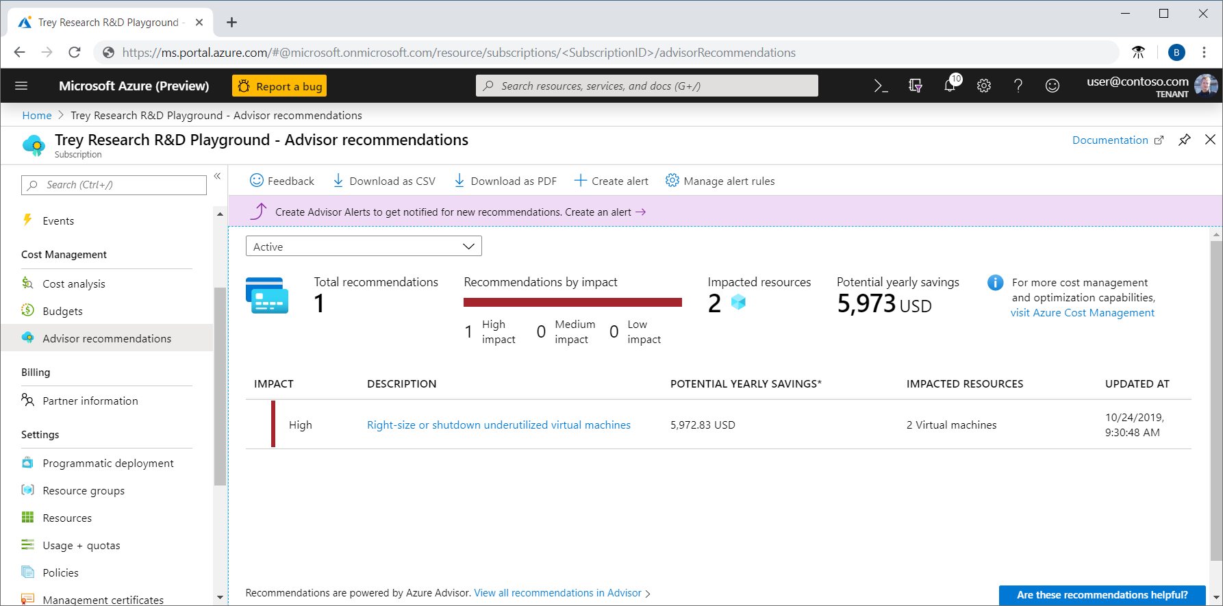 Screenshot showing Cost Management Advisor recommendations.