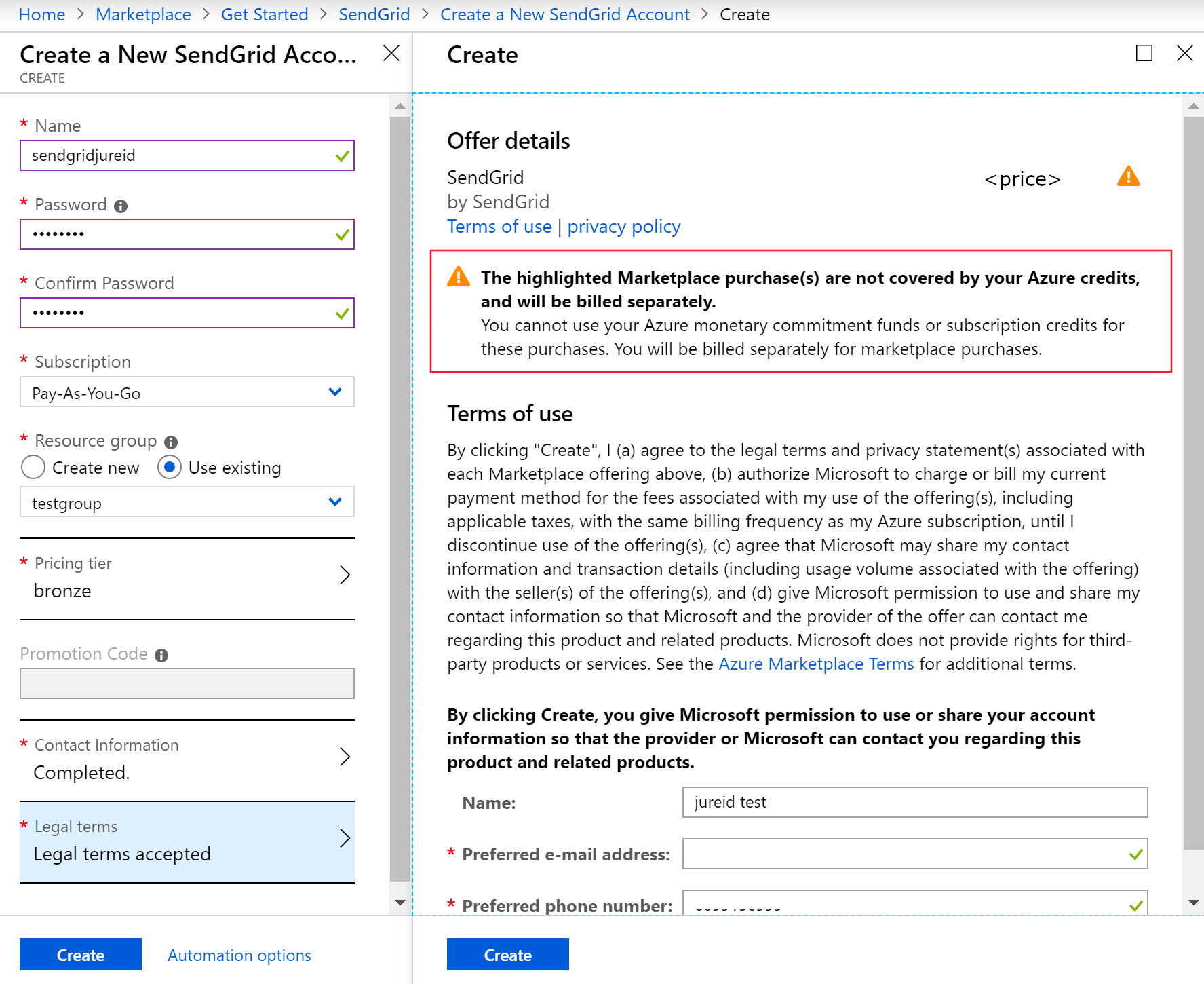 Screenshot showing a warning that Marketplace charges are billed separately.