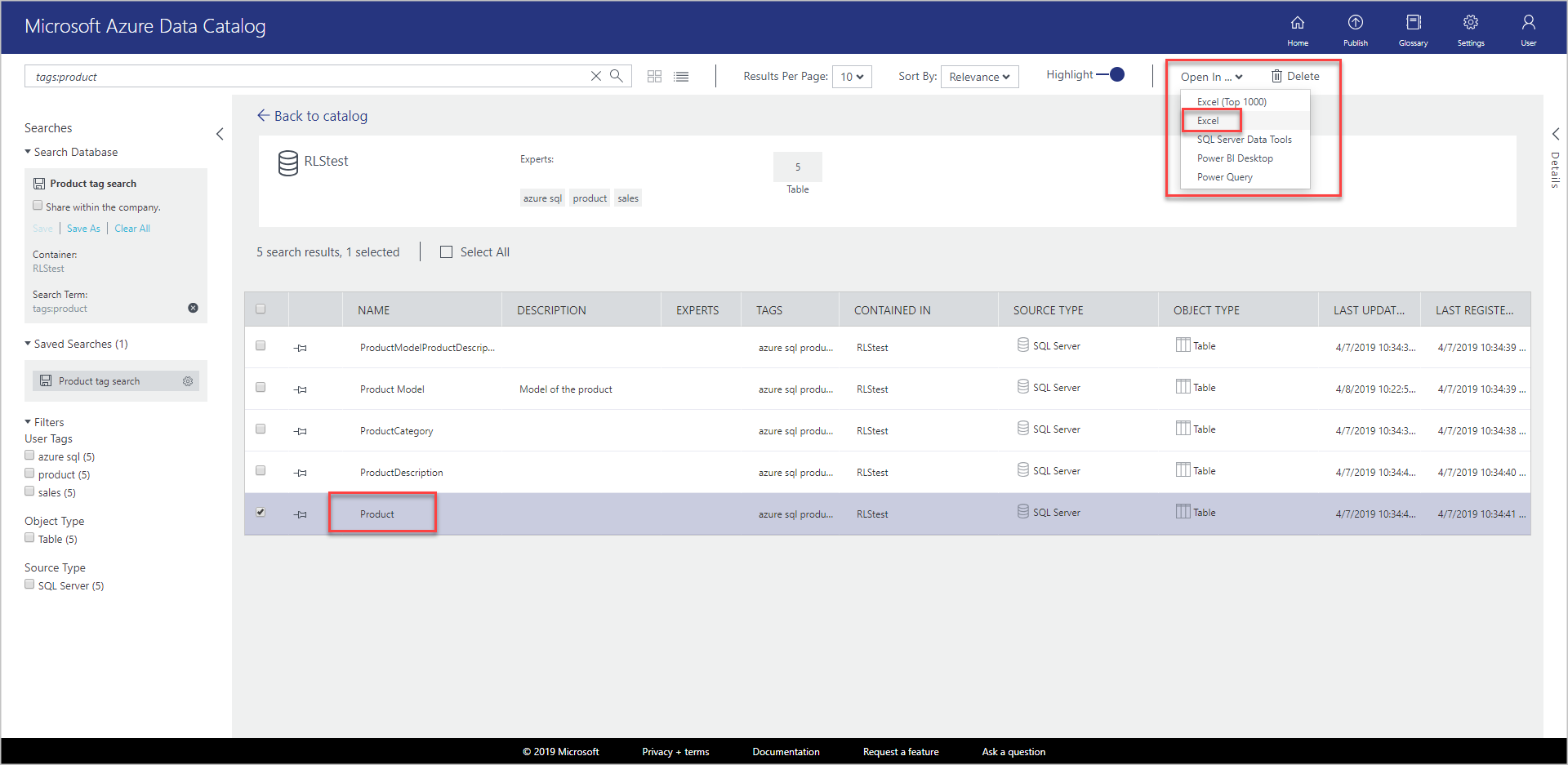 Product is selected from the table of returned results. The Open In button is selected, and Excel is selected from the dropdown menu.