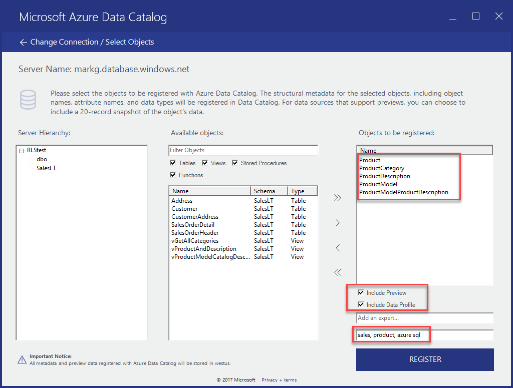 In the objects to be registered list, these names are shown: product, product category, product description, product model, and product model product description. Then the 'Include preview' and 'Include data profile' options are selected. Then three tags are added to the tag field: sales, product, and Azure SQL.