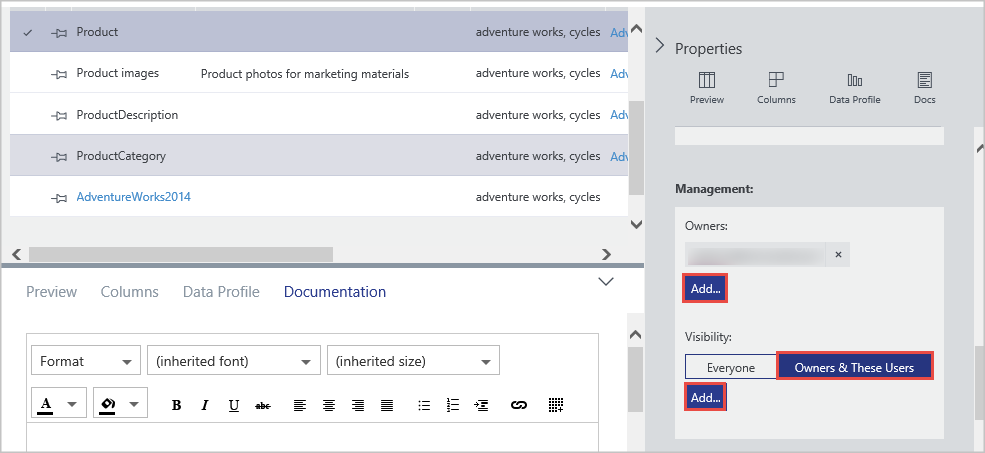 In the Properties tab, in the Management section, the add button under Owners is selected. Then, under Visibility, the Owners & These Users button is selected. Then the Add button under Visibility is selected.