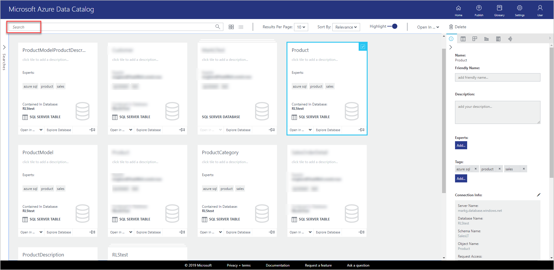 In the Microsoft Azure Data Catalog window, there are new tiles in the grid view for each of the registered objects.